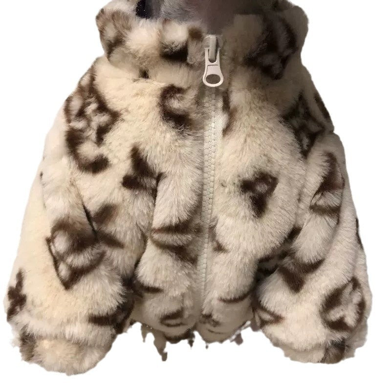 KFX-2189501 Autumn and Winter Dog Smoked Fur Coat in LV Color, Comfortable Polyester Material
