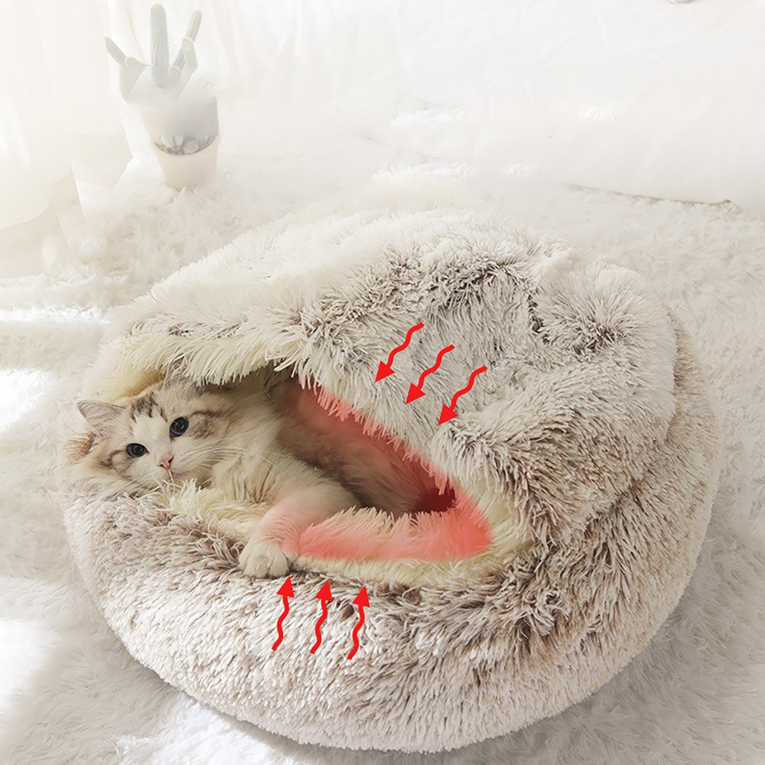 KFX-2192189 Plush Round Cat Bed with Semi-Enclosed Cave Design for Cozy Comfort and Easy Cleaning
