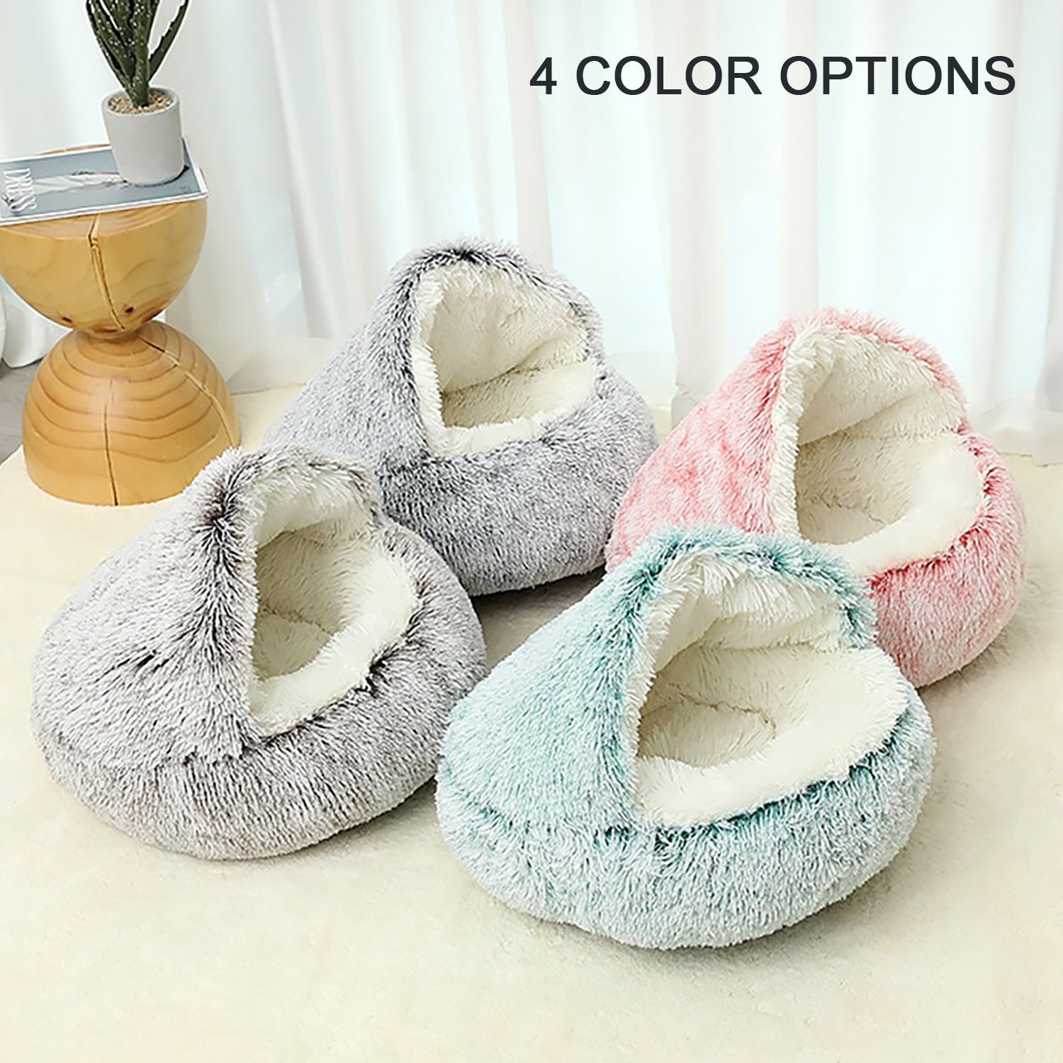 KFX-2192189 Plush Round Cat Bed with Semi-Enclosed Cave Design for Cozy Comfort and Easy Cleaning