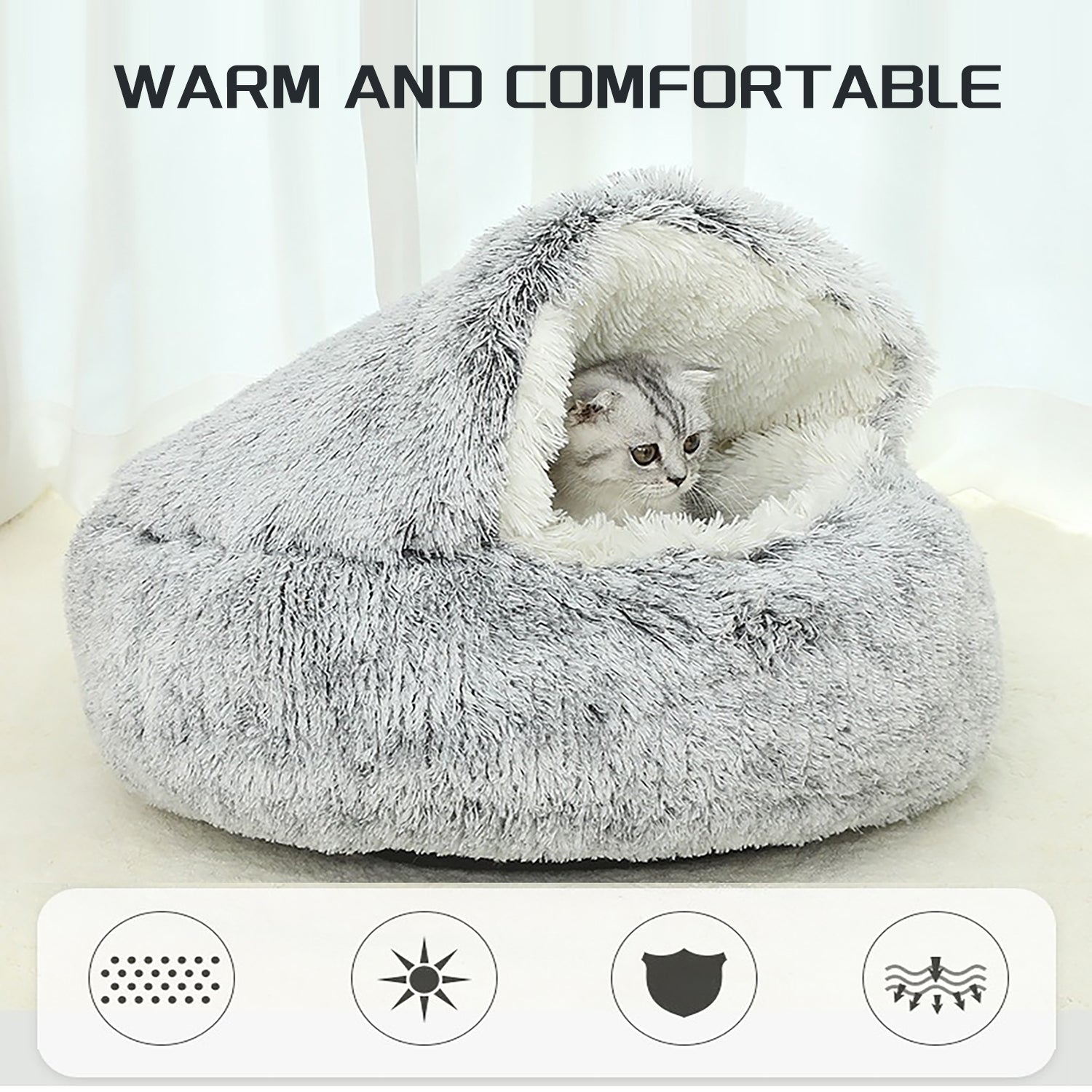 KFX-2192189 Plush Round Cat Bed with Semi-Enclosed Cave Design for Cozy Comfort and Easy Cleaning