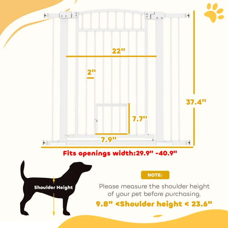 KFX-2201917 Extra Wide Adjustable Pet Gate with Cat Door for Multi-Pet Homes - 30.3" or 37.4" High, White Steel