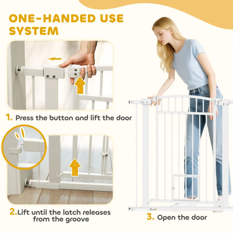 KFX-2201917 Extra Wide Adjustable Pet Gate with Cat Door for Multi-Pet Homes - 30.3" or 37.4" High, White Steel