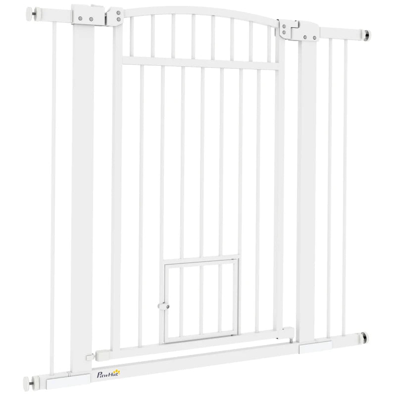 KFX-2201917 Extra Wide Adjustable Pet Gate with Cat Door for Multi-Pet Homes - 30.3" or 37.4" High, White Steel