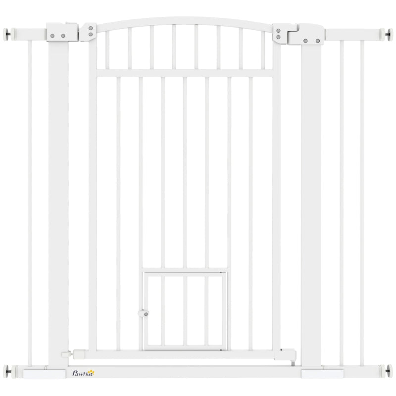 KFX-2201917 Extra Wide Adjustable Pet Gate with Cat Door for Multi-Pet Homes - 30.3" or 37.4" High, White Steel