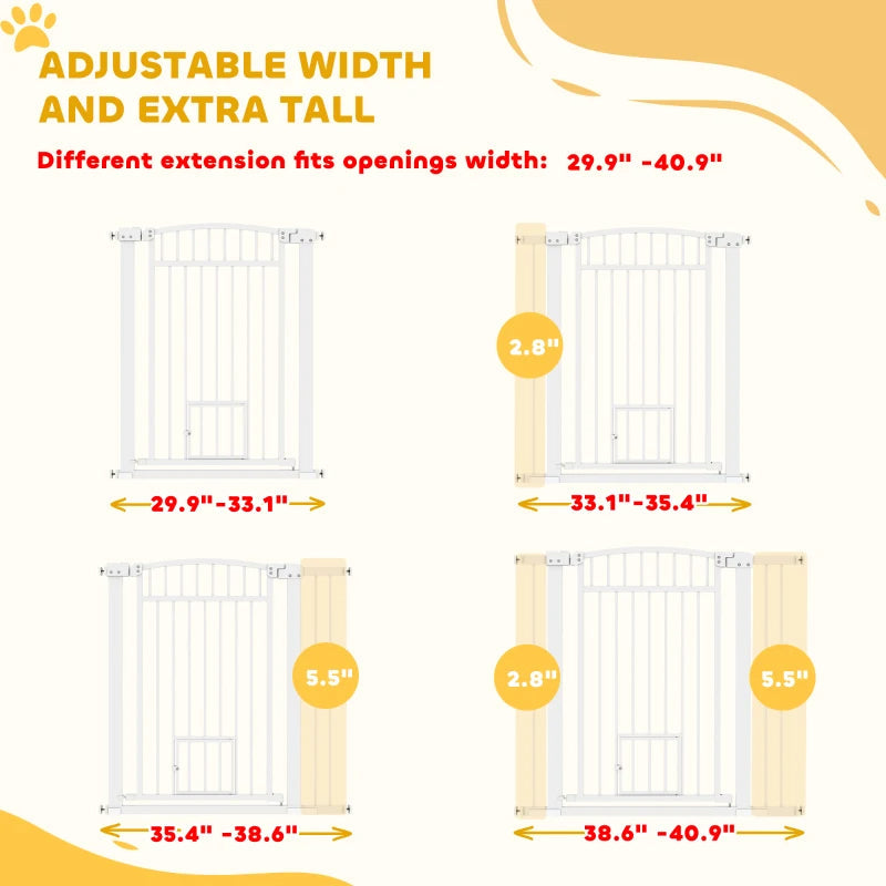 KFX-2201917 Extra Wide Adjustable Pet Gate with Cat Door for Multi-Pet Homes - 30.3" or 37.4" High, White Steel