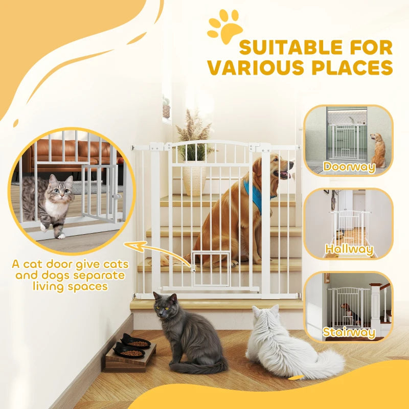 KFX-2201917 Extra Wide Adjustable Pet Gate with Cat Door for Multi-Pet Homes - 30.3" or 37.4" High, White Steel
