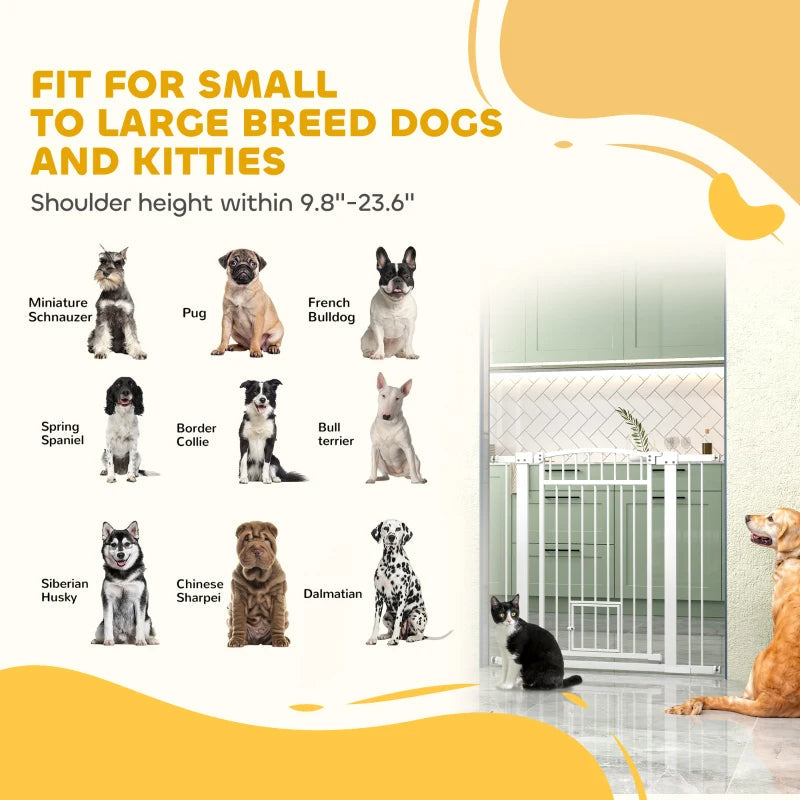 KFX-2201917 Extra Wide Adjustable Pet Gate with Cat Door for Multi-Pet Homes - 30.3" or 37.4" High, White Steel