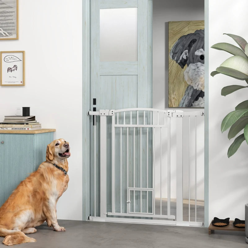 KFX-2201917 Extra Wide Adjustable Pet Gate with Cat Door for Multi-Pet Homes - 30.3" or 37.4" High, White Steel