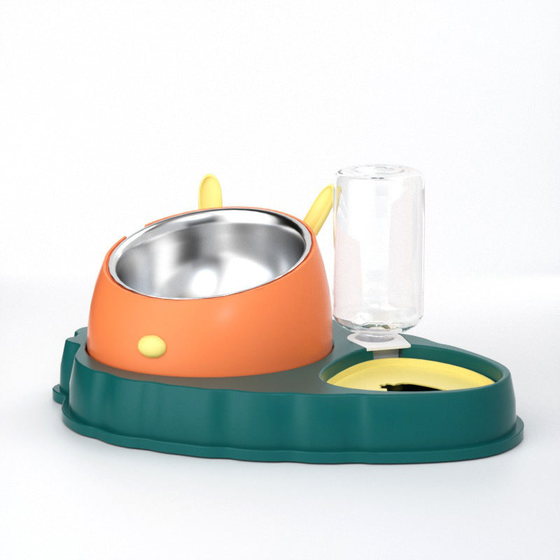 KFX-2202429 Double Bowl Stainless Steel Pet Feeding Dish with Non-Slip Base and Tilted Carrot Design