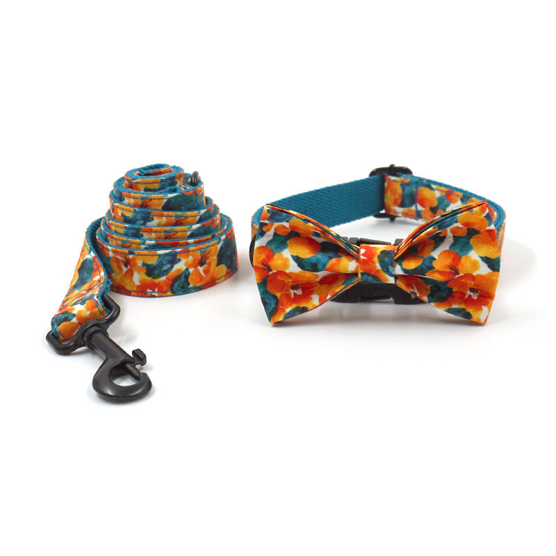 KFX-2206013 Hawaiian Print Dog Collar and Leash Set with Bow Tie - XS to XL Sizes
