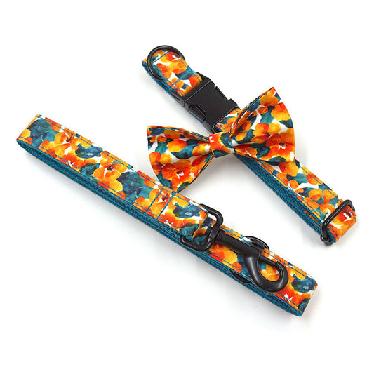 KFX-2206013 Hawaiian Print Dog Collar and Leash Set with Bow Tie - XS to XL Sizes