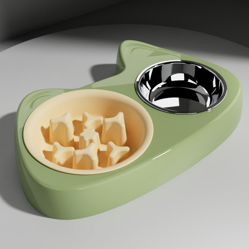 KFX-2206397 Two-in-One Slow Feeder Cat Bowl with Stainless Steel and Double Design in Multiple Colors