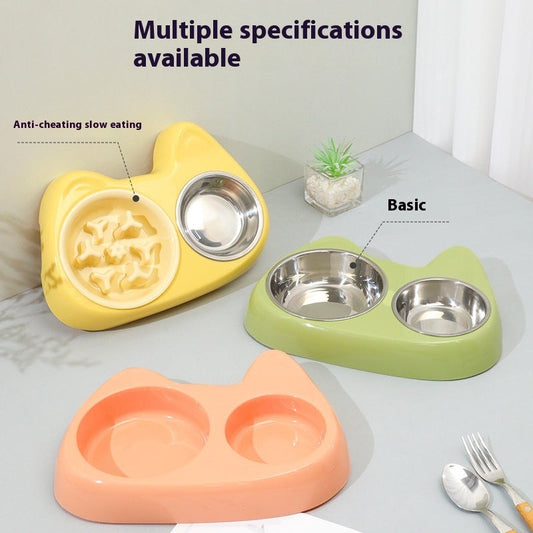 KFX-2206397 Two-in-One Slow Feeder Cat Bowl with Stainless Steel and Double Design in Multiple Colors