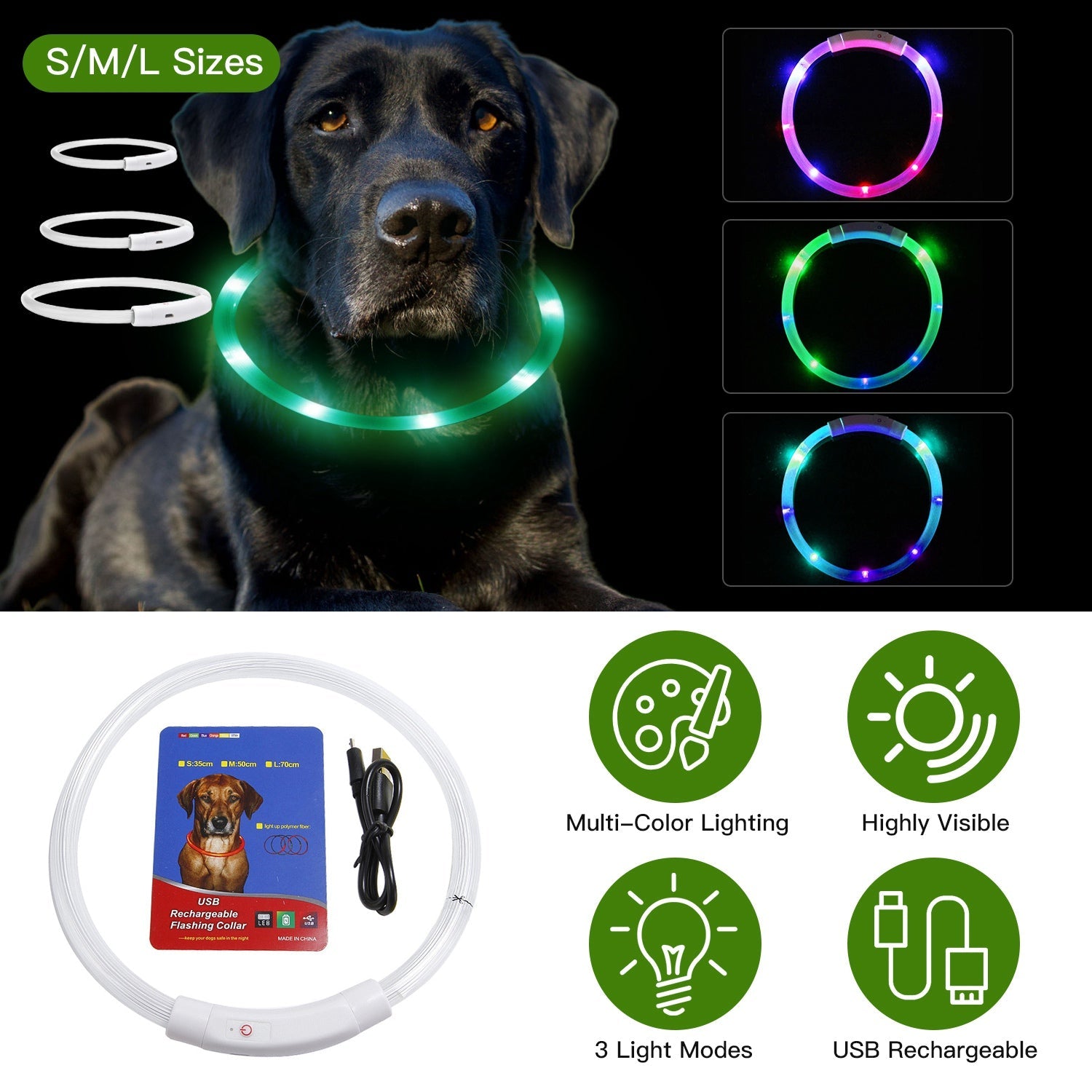 KFX-2208189 LED Rechargeable Multi-Color Dog Safety Collar with Adjustable Length for Night Walking