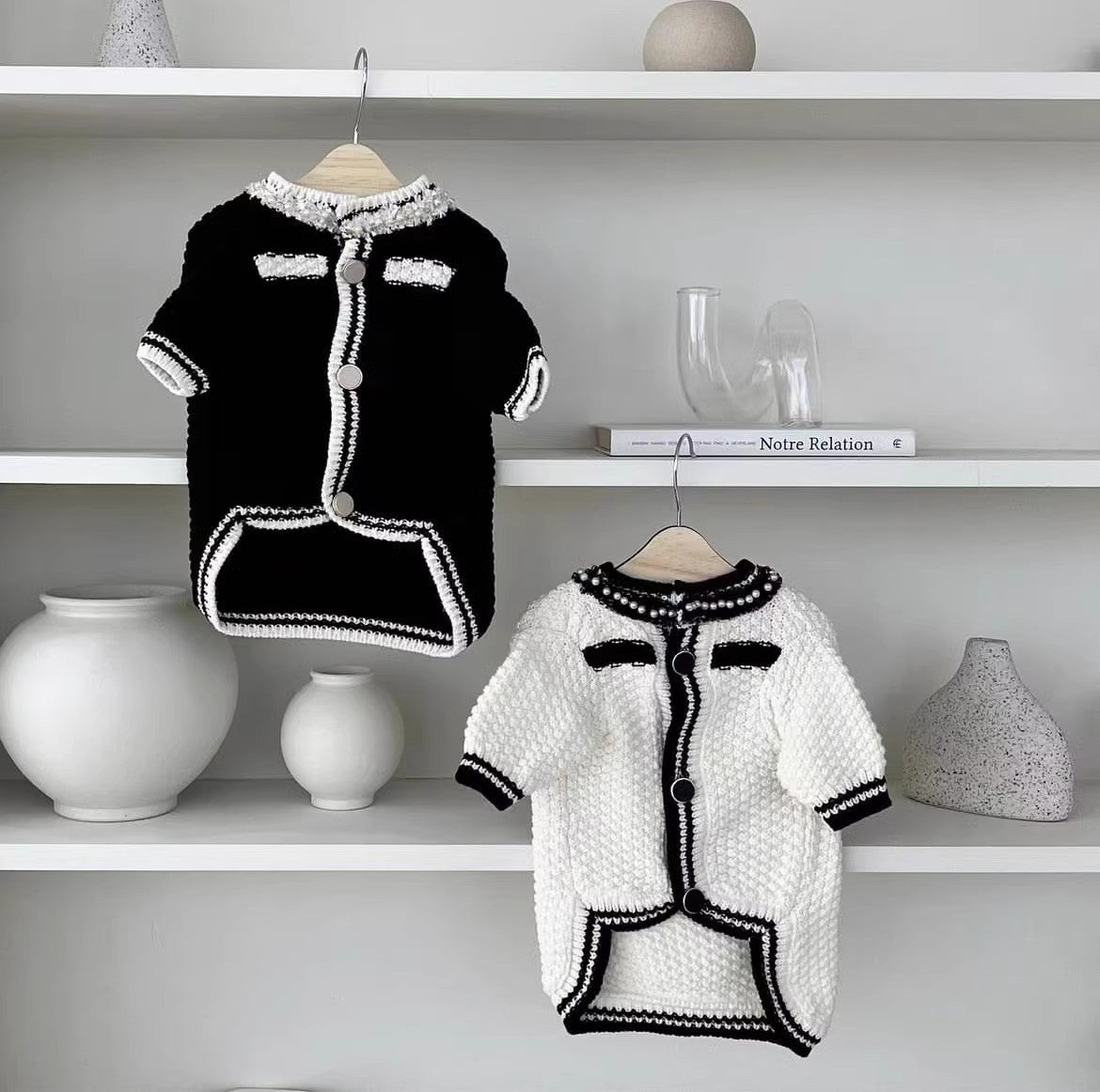 KFX-2209981 Korean Style Puppy Sweater with Pearl Collar in Classic Black and White