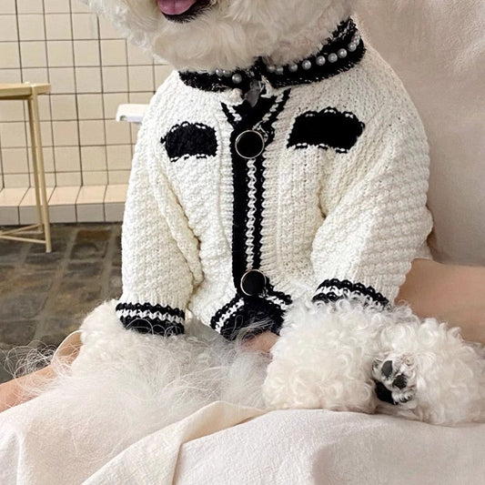 KFX-2209981 Korean Style Puppy Sweater with Pearl Collar in Classic Black and White