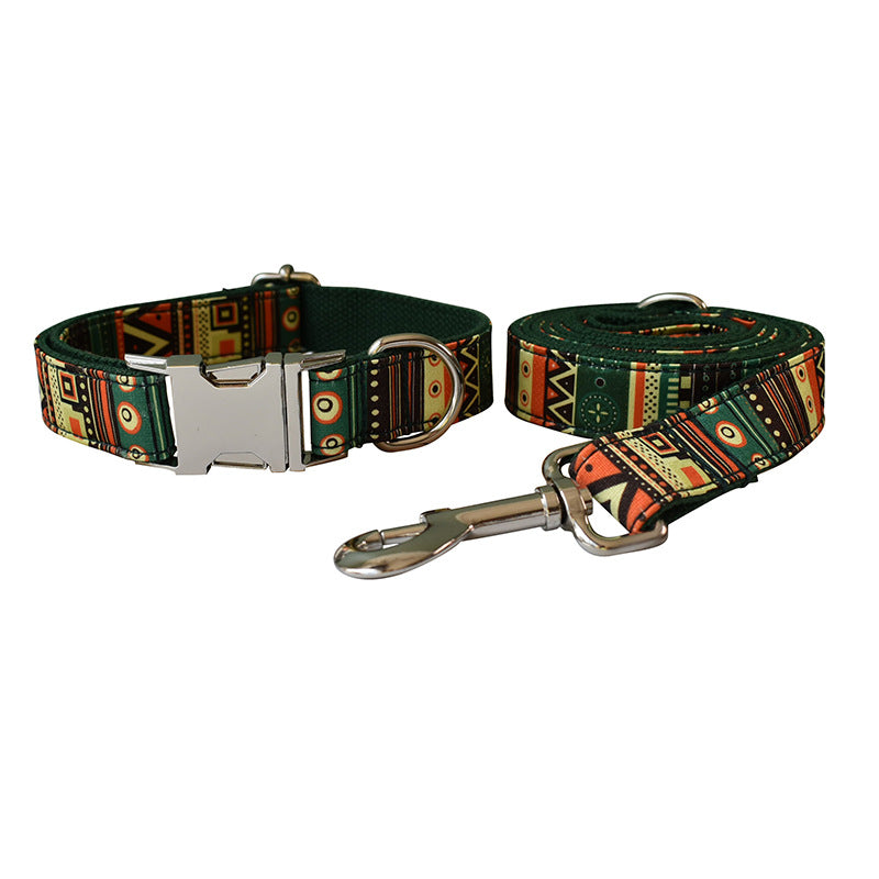 KFX-2211773 Bohemian Green Bottom Bowknot Pet Leash and Collar Set for Dogs, Adjustable Size S-XL