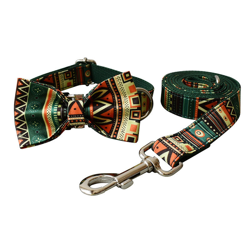 KFX-2211773 Bohemian Green Bottom Bowknot Pet Leash and Collar Set for Dogs, Adjustable Size S-XL