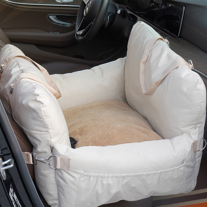 KFX-2216765 Creamy-White Linen Car Safety Seat Dog Bed - 60x50x43 cm, Comfortable Pet Cushion for Car Travel