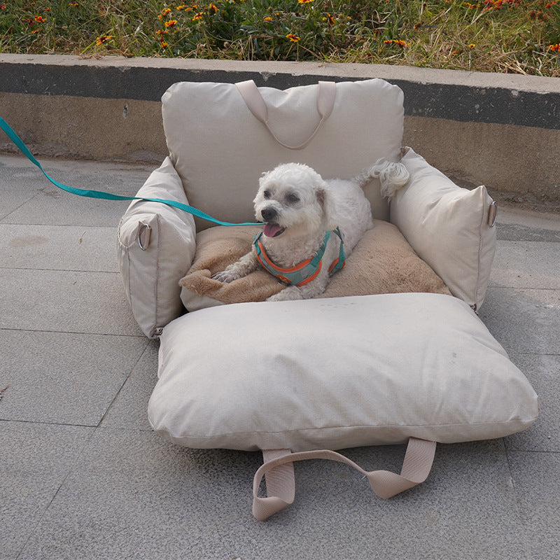 KFX-2216765 Creamy-White Linen Car Safety Seat Dog Bed - 60x50x43 cm, Comfortable Pet Cushion for Car Travel