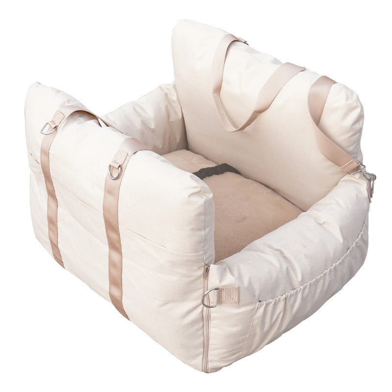 KFX-2216765 Creamy-White Linen Car Safety Seat Dog Bed - 60x50x43 cm, Comfortable Pet Cushion for Car Travel