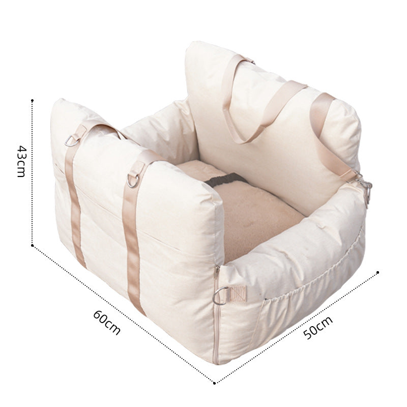 KFX-2216765 Creamy-White Linen Car Safety Seat Dog Bed - 60x50x43 cm, Comfortable Pet Cushion for Car Travel