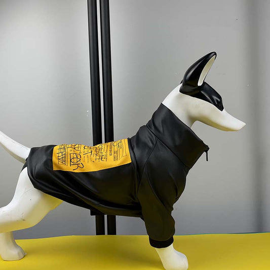 KFX-2220093 Pet Dog Zippered Black PU Leather Jacket - Stylish & Simple Design, Multiple Sizes Available