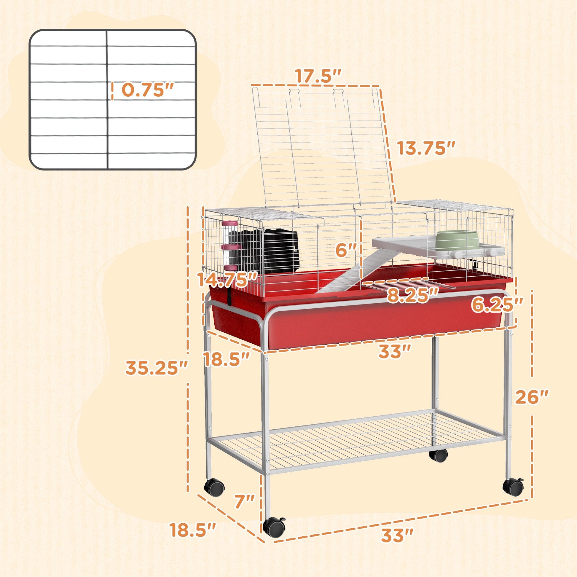 KFX-2221373 Two-Story Small Animal Habitat with Removable Stand, Wheels, and Shelf - Ideal for Guinea Pigs, Chinchillas, Ferrets, and More, 33" x 18.5" x 35"