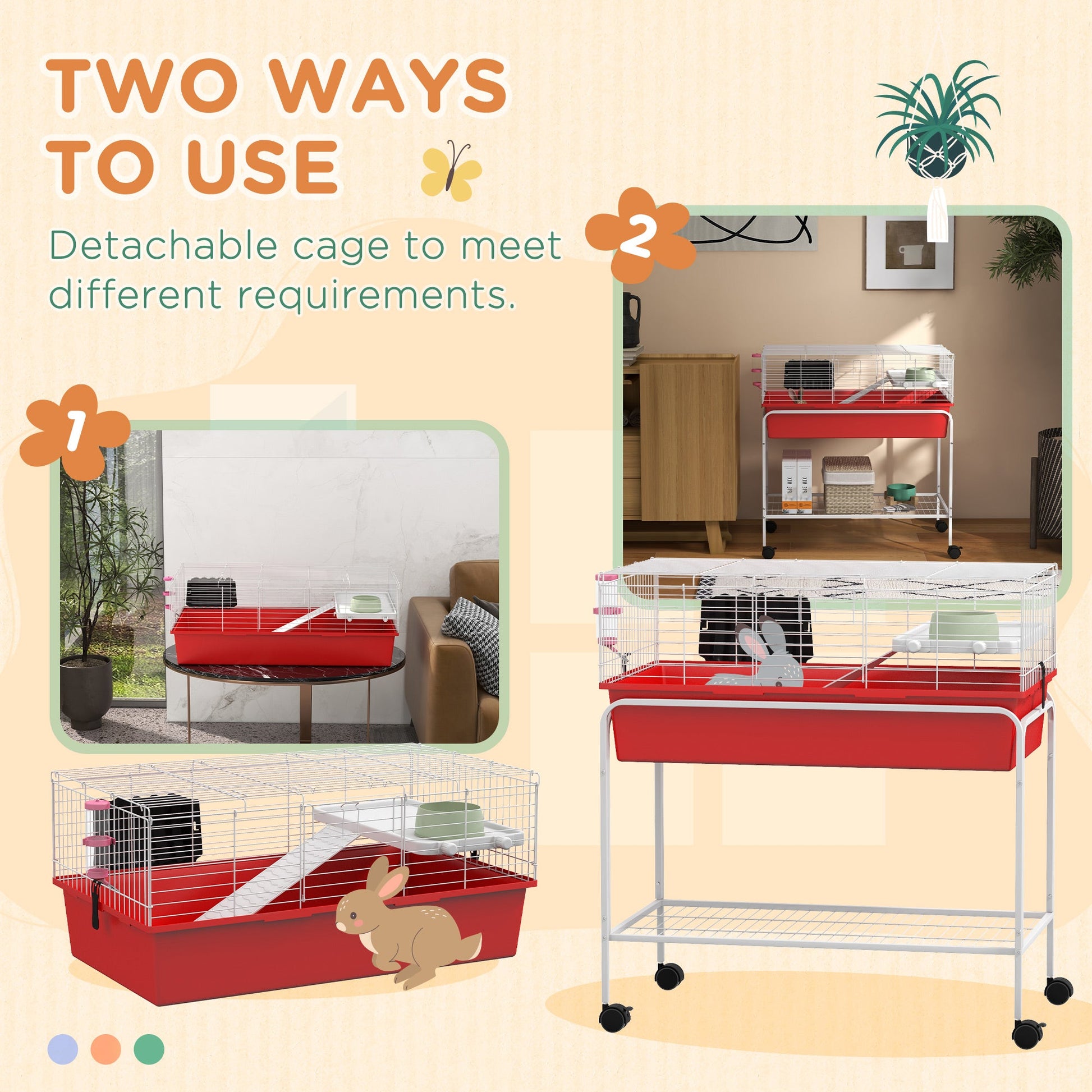KFX-2221373 Two-Story Small Animal Habitat with Removable Stand, Wheels, and Shelf - Ideal for Guinea Pigs, Chinchillas, Ferrets, and More, 33" x 18.5" x 35"
