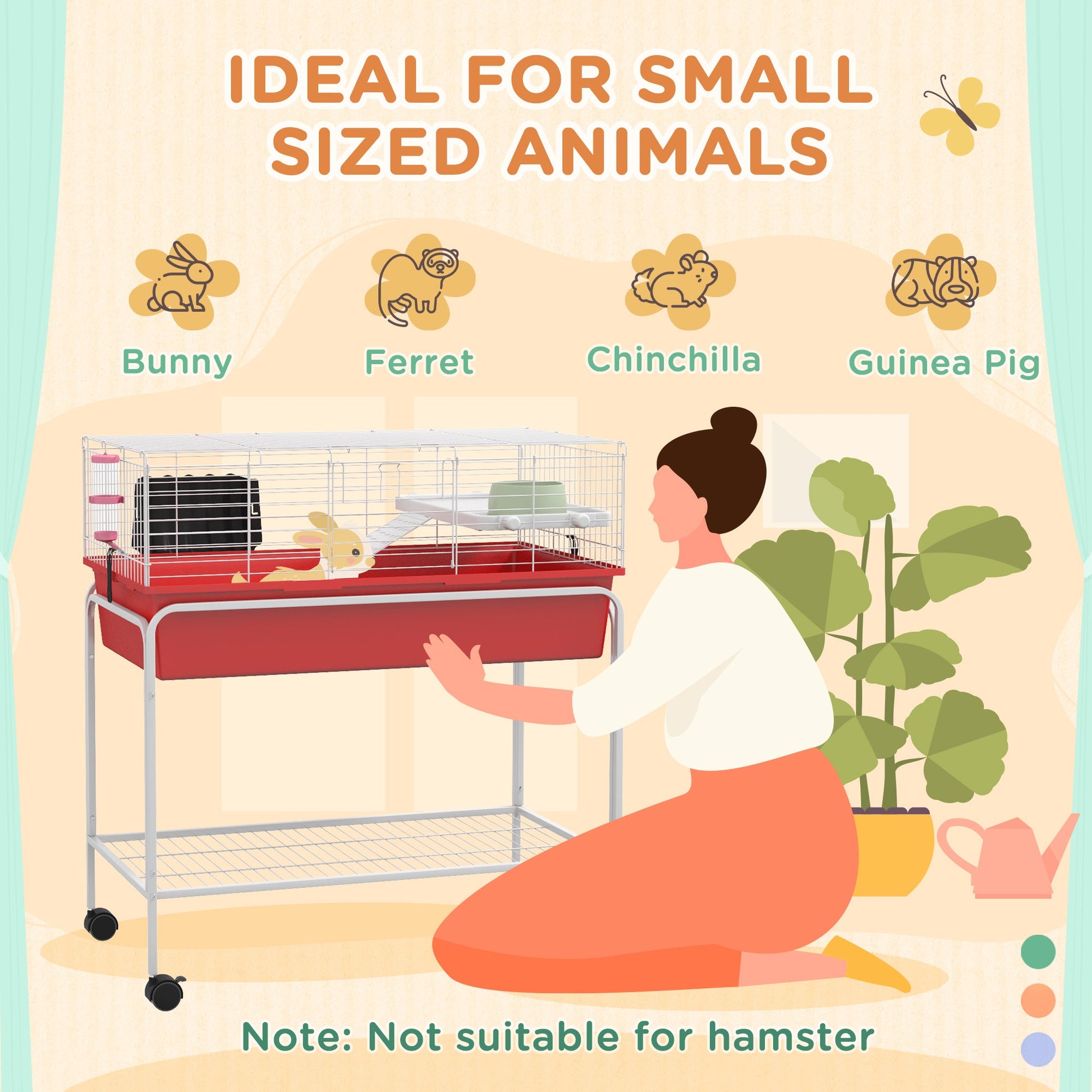 KFX-2221373 Two-Story Small Animal Habitat with Removable Stand, Wheels, and Shelf - Ideal for Guinea Pigs, Chinchillas, Ferrets, and More, 33" x 18.5" x 35"