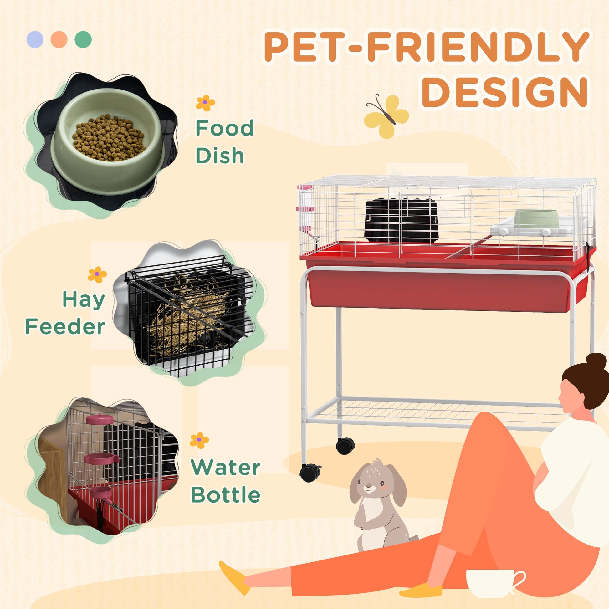 KFX-2221373 Two-Story Small Animal Habitat with Removable Stand, Wheels, and Shelf - Ideal for Guinea Pigs, Chinchillas, Ferrets, and More, 33" x 18.5" x 35"