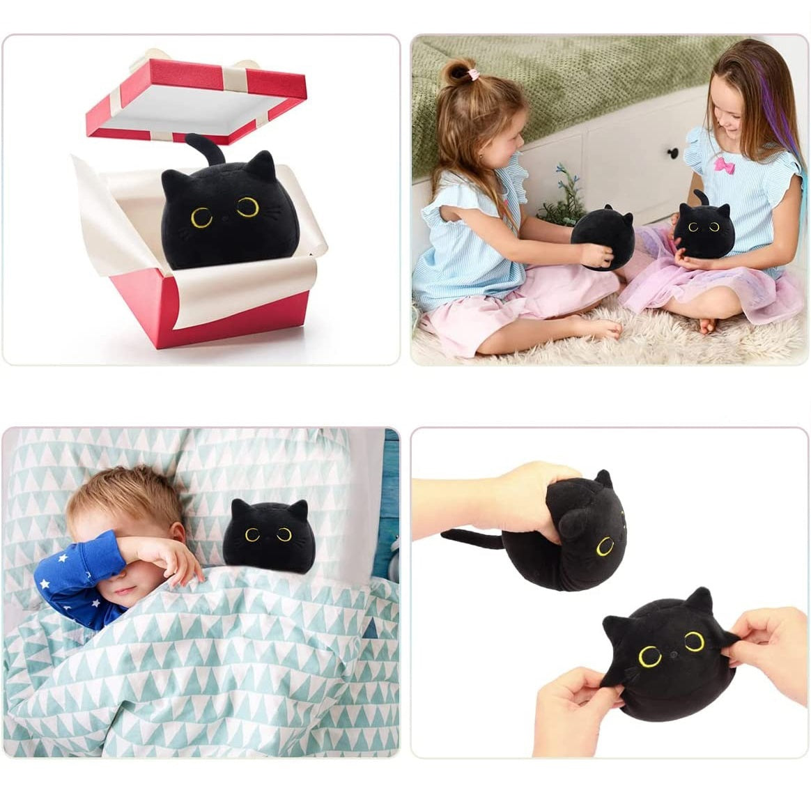 KFX-2224957 Fluffy Black Cat Plush Toy - Soft Stuffed Animal Cushion for Kids and Home Decor