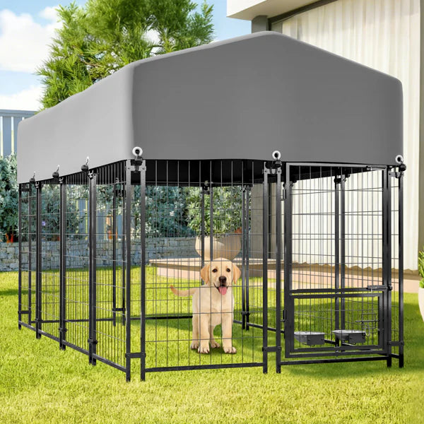 KFX-2228925 Heavy Duty Outdoor Dog Kennel with Roof, Welded Wire Enclosure, UV-Resistant Cover, Locking System for Medium/Large Dogs