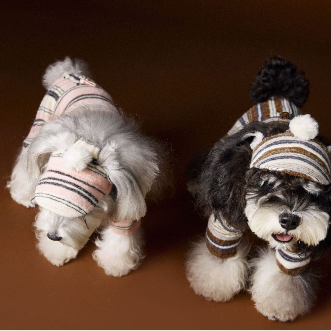 KFX-2230845 Striped Acrylic Fur Ball Hat for Dogs - Pink and Coffee, Sizes Small to Large