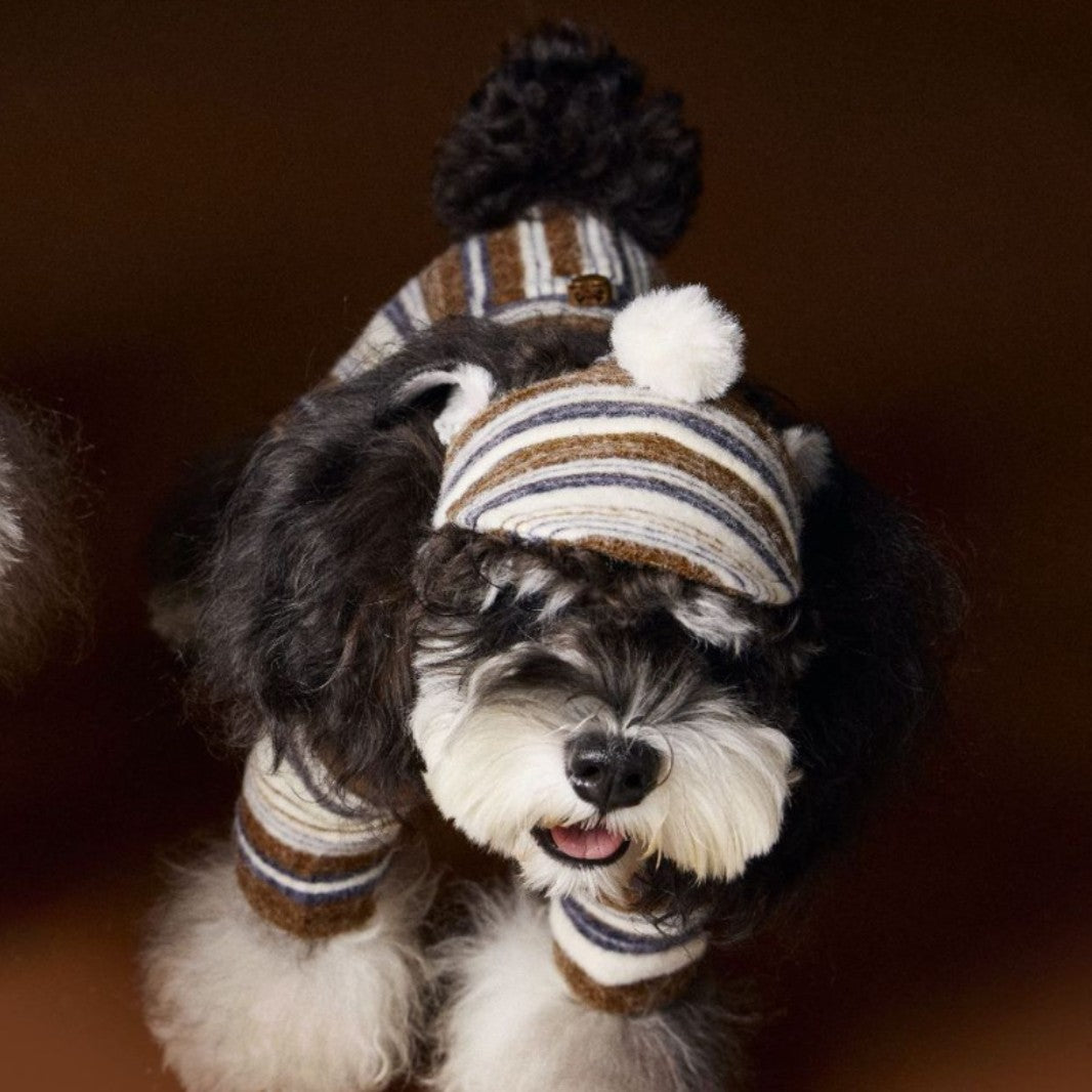 KFX-2230845 Striped Acrylic Fur Ball Hat for Dogs - Pink and Coffee, Sizes Small to Large