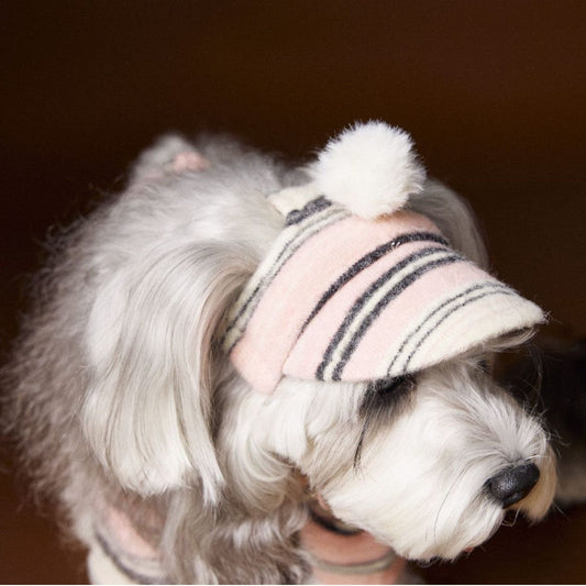 KFX-2230845 Striped Acrylic Fur Ball Hat for Dogs - Pink and Coffee, Sizes Small to Large