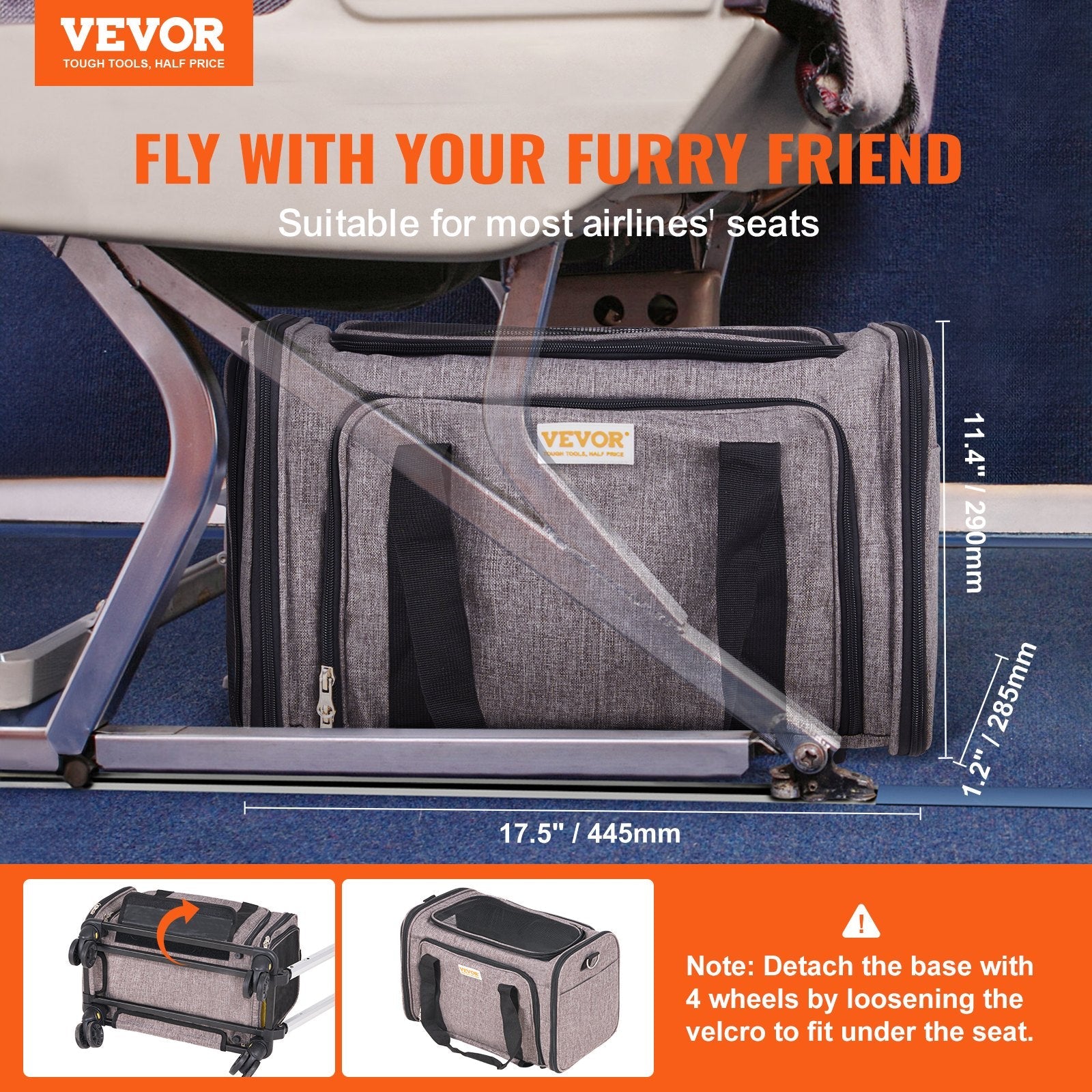 KFX-2241213 Rolling Pet Carrier with Wheels, Airline Approved, Comfortable Design, for Pets Under 25 lbs, Includes Folding Bowl, Grey