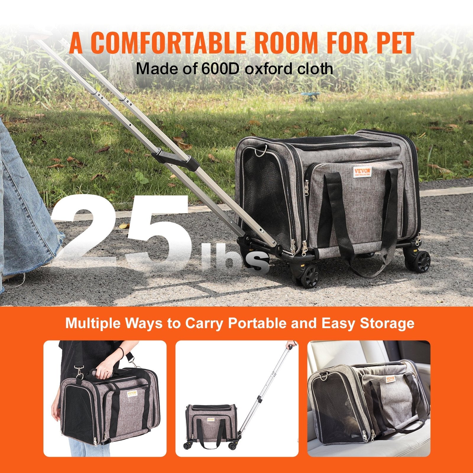 KFX-2241213 Rolling Pet Carrier with Wheels, Airline Approved, Comfortable Design, for Pets Under 25 lbs, Includes Folding Bowl, Grey