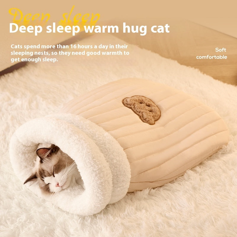KFX-2248765 Cozy Cat Sleeping Bag with Bear Pattern - Soft Fleece & Supportive Cotton Fiber, 3D Entrance, and Machine Washable