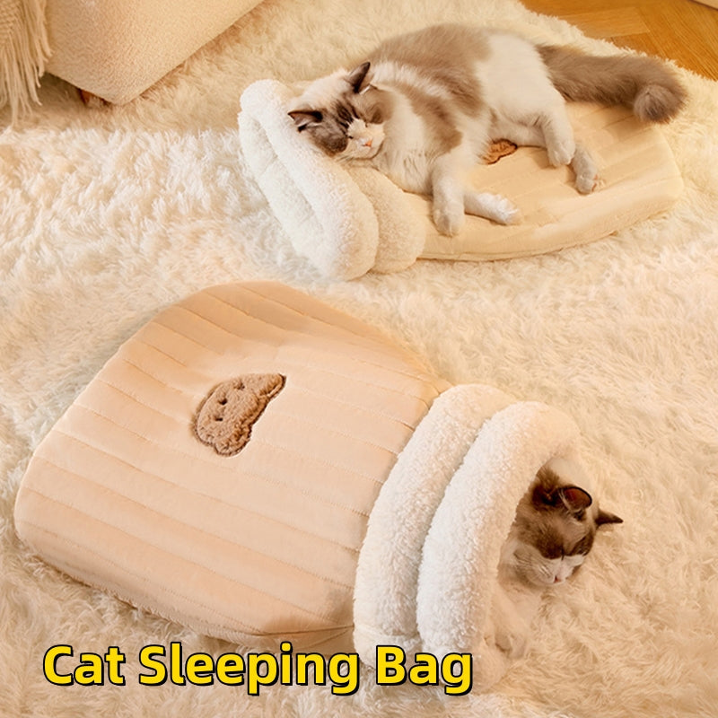 KFX-2248765 Cozy Cat Sleeping Bag with Bear Pattern - Soft Fleece & Supportive Cotton Fiber, 3D Entrance, and Machine Washable