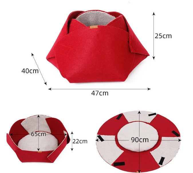 KFX-2250557 Cozy Red Felt Cat Nest with Removable Lamb Down Lining, 47cm x 40cm x 25cm