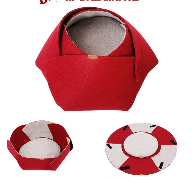 KFX-2250557 Cozy Red Felt Cat Nest with Removable Lamb Down Lining, 47cm x 40cm x 25cm