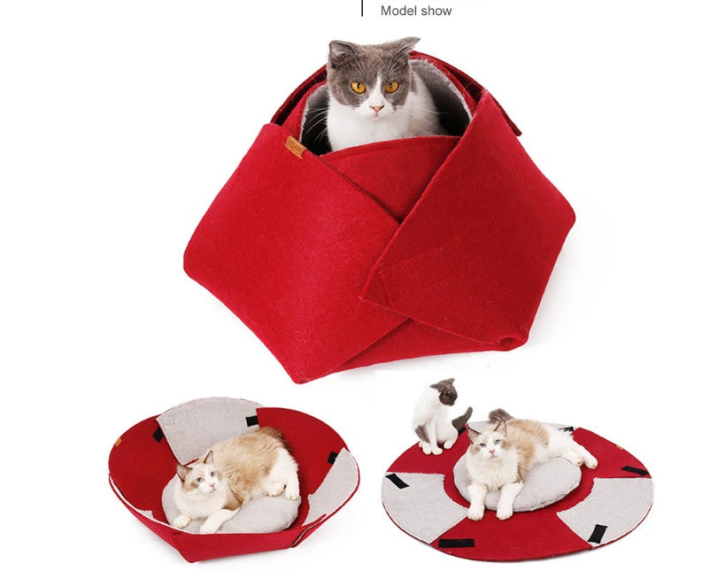 KFX-2250557 Cozy Red Felt Cat Nest with Removable Lamb Down Lining, 47cm x 40cm x 25cm