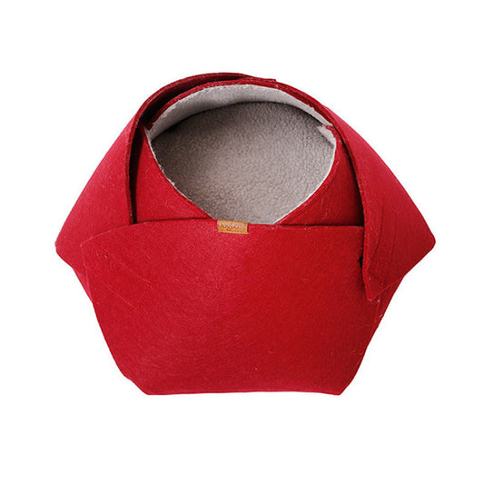KFX-2250557 Cozy Red Felt Cat Nest with Removable Lamb Down Lining, 47cm x 40cm x 25cm