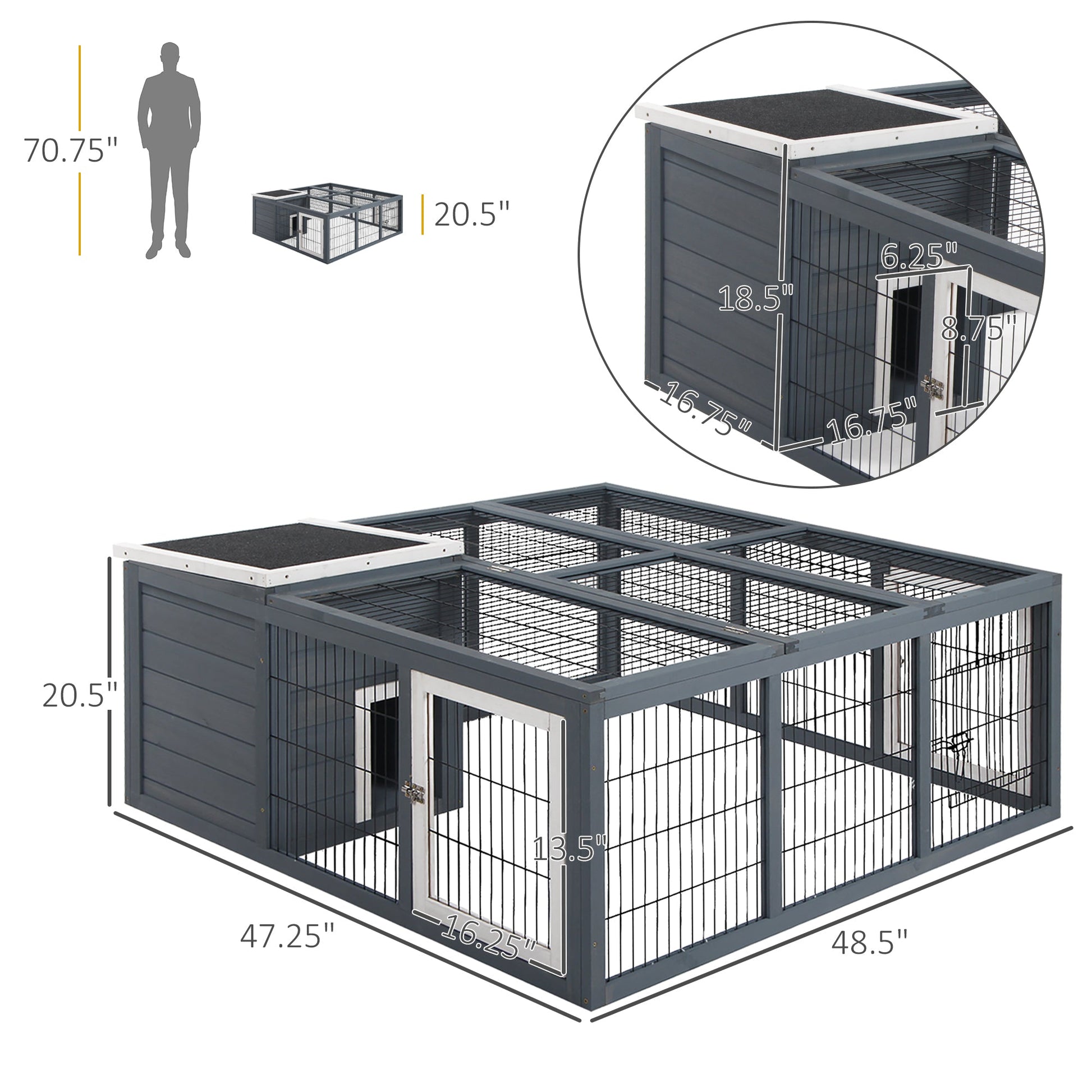 KFX-2254141 Waterproof Gray Rabbit Hutch for Small Animals with Enclosed House and Run Area