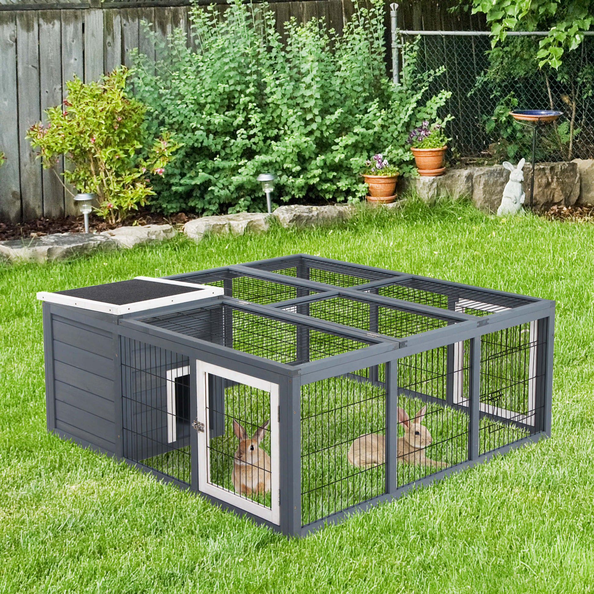 KFX-2254141 Waterproof Gray Rabbit Hutch for Small Animals with Enclosed House and Run Area