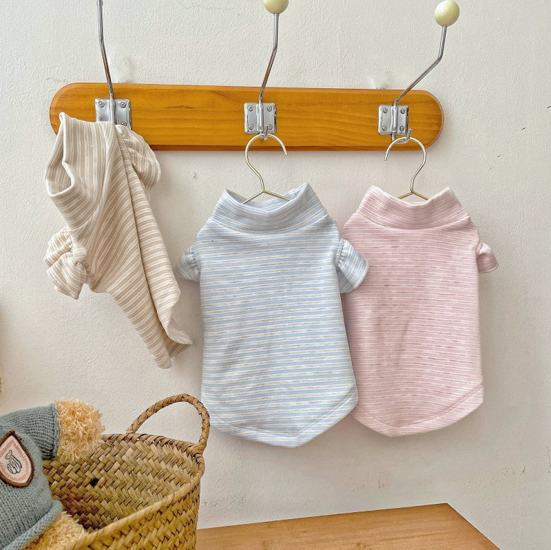KFX-2255037 Striped Turtleneck Flounced Sleeve Pet Shirt in Blue, Pink, and Coffee
