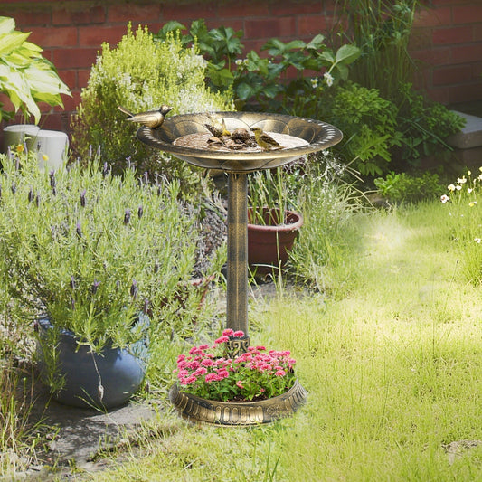 KFX-2258109 Antique Bronze Two-Basin Bird Bath with Planter and Charming Bird Statues