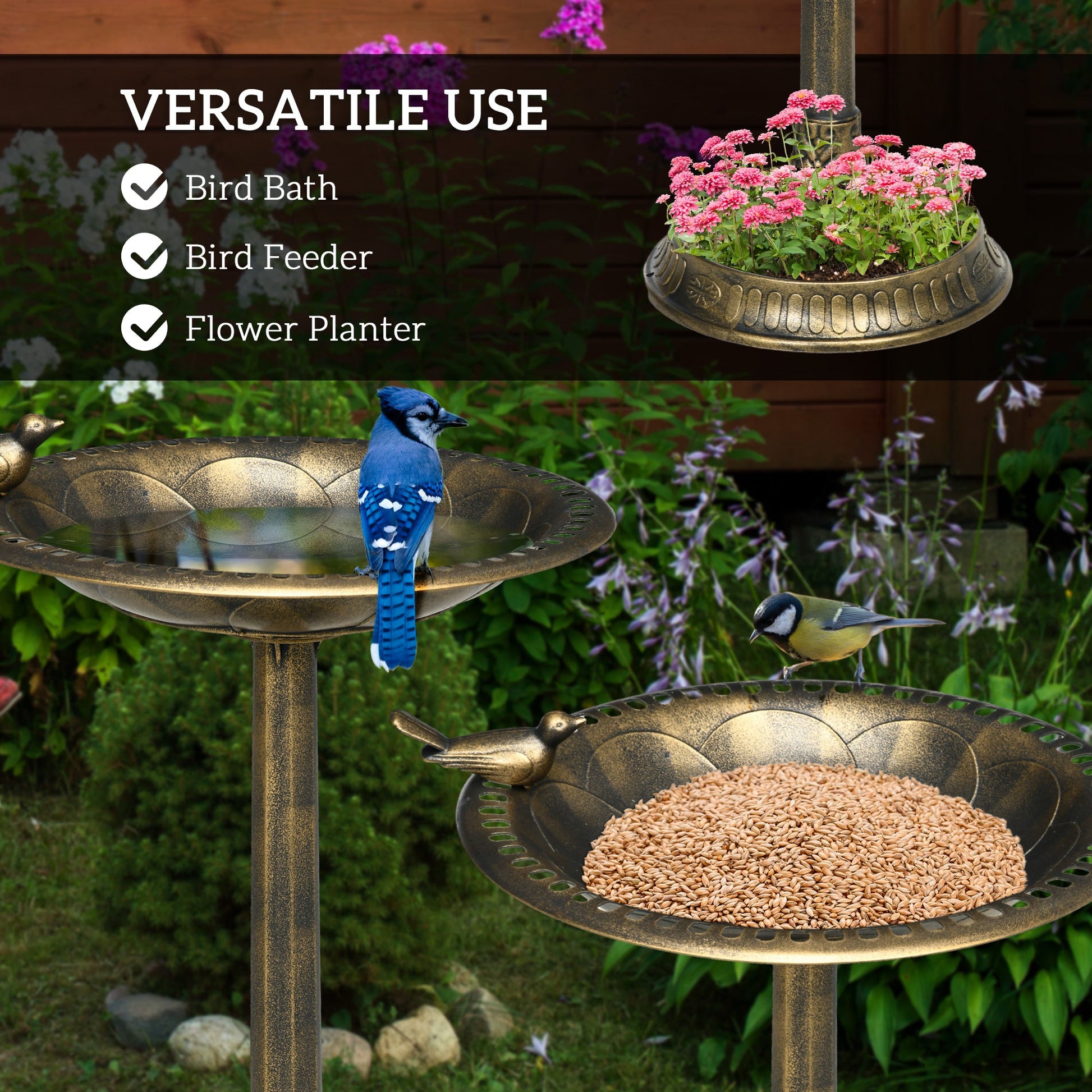 KFX-2258109 Antique Bronze Two-Basin Bird Bath with Planter and Charming Bird Statues