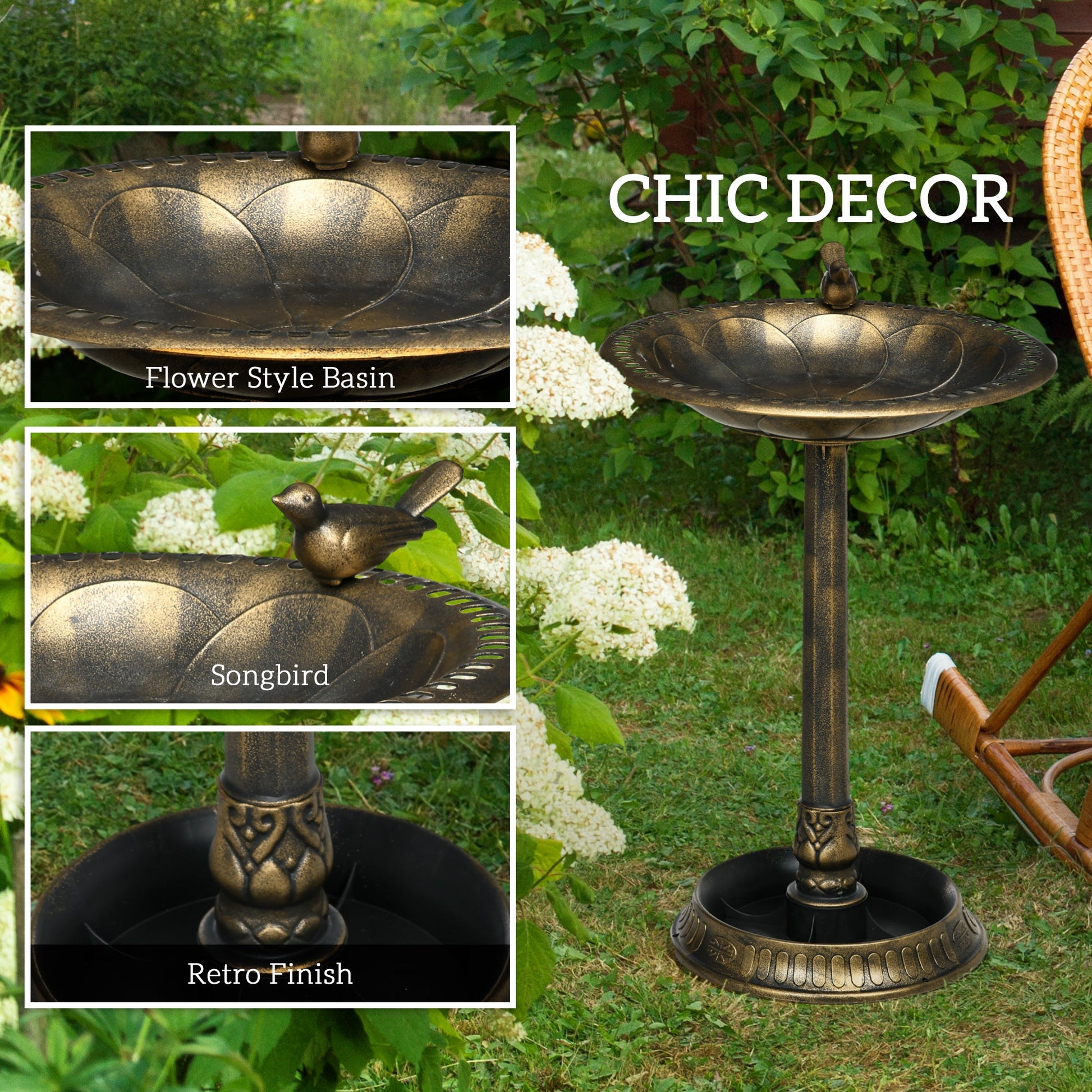 KFX-2258109 Antique Bronze Two-Basin Bird Bath with Planter and Charming Bird Statues